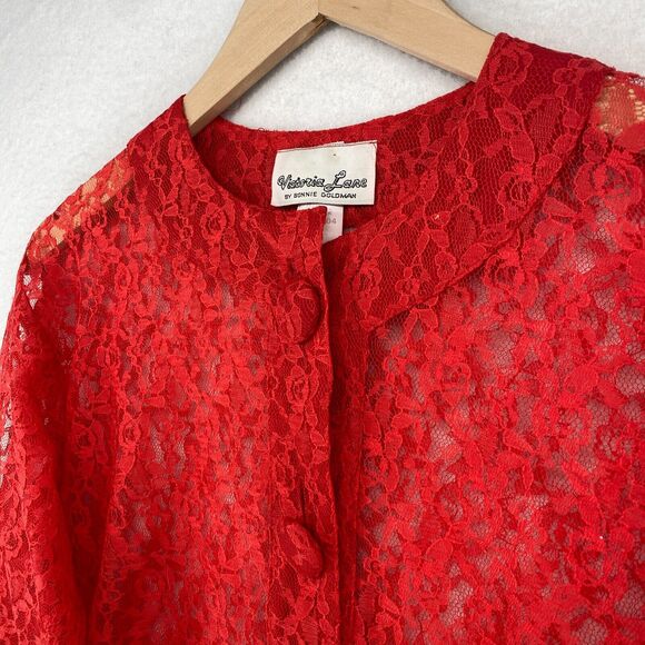 VICTORIA LANE BONNIE GOLDMAN Top S Sheer Lace Floral Button Up Long Sleeve Red - Picture 2 of 12